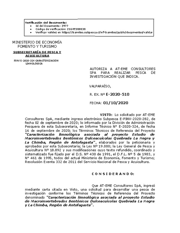 R. EX. Nº E-2020-510 Caracterización limnológica asociada al proyecto Estudio de Macroinvertebrados Bentónicos Dulceacuícolas Quebrada La Negra y La Chimba, Región de Antofagasta. (Publicado en Página Web 05-10-2020)