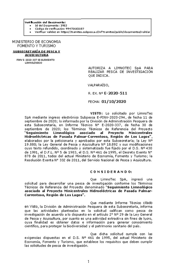 R. EX. Nº E-2020-511 Seguimiento Limnológico asociado al Proyecto Minicentrales Hidroeléctricas de Pasada Palmar-Correntoso, Región de Los Lagos. (Publicado en Página Web 05-10-2020)