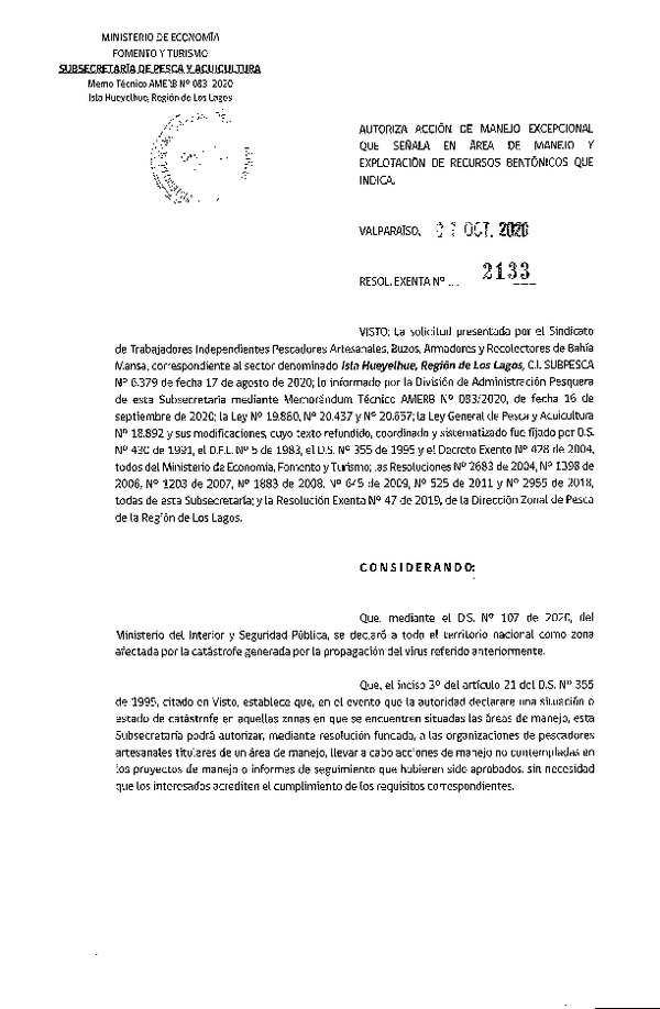 Res. Ex. N° 2133-2020 Autoriza acción de manejo excepcional que señala. (Publicado en Página Web 05-10-2020)