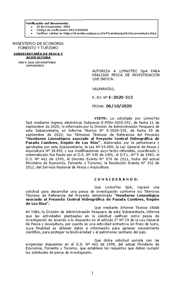 R. EX. Nº E-2020-515 Monitoreo Limnológico asociado al Proyecto Central Hidrográfica de Pasada Cumbres, Región de Los Ríos. (Publicado en Página Web 07-10-2020)