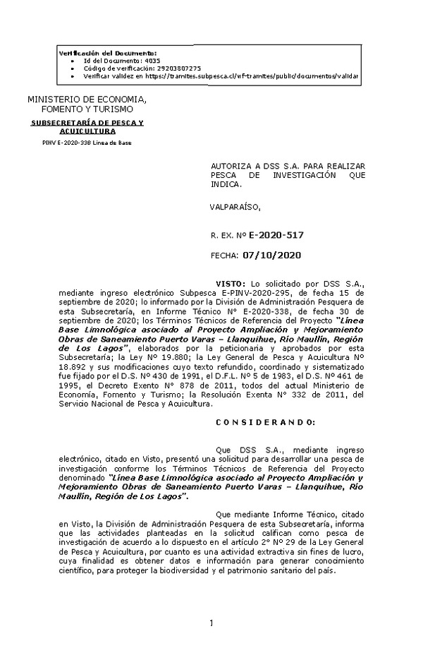 R. EX. Nº E-2020-517 Línea Base Limnológica asociado al Proyecto Ampliación y Mejoramiento Obras de Saneamiento Puerto Varas – Llanquihue, Río Maullín, Región de Los Lagos. (Publicado en Página Web 07-10-2020)