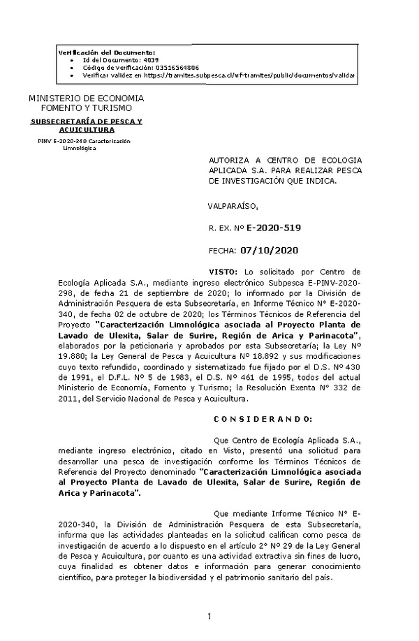 R. EX. Nº E-2020-519 Caracterización Limnológica asociada al Proyecto Planta de Lavado de Ulexita, Salar de Surire, Región de Arica y Parinacota. (Publicado en Página Web 07-10-2020)