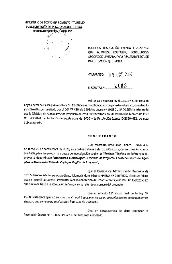 Res. Ex. N° 2168-2020 Rectifica R. EX. Nº E-2020-492 Monitoreo Limnológico Asociado al Proyecto Abastecimiento de Agua para la Minería del Valle de Copiapó, Región de Atacama. (Publicado en Página Web 08-10-2020)