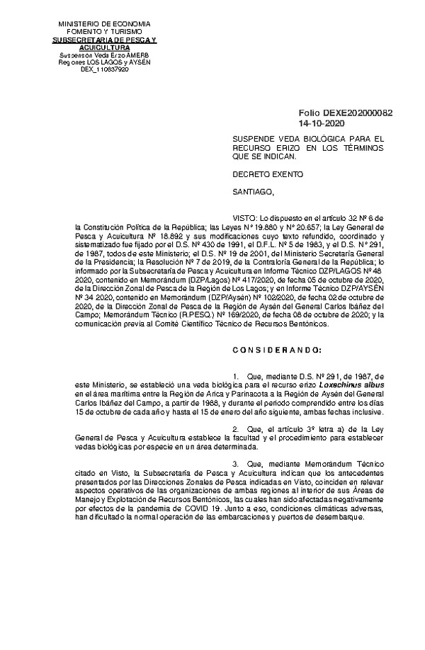 Dec. Ex. Folio 202000082 Suspende Veda Biológica Para el Recurso Erizo, Regiones de Los Lagos y Aysén del Genetral Carlos Ibáñez del Campo. (Publicado en Página Web 14-10-2020)