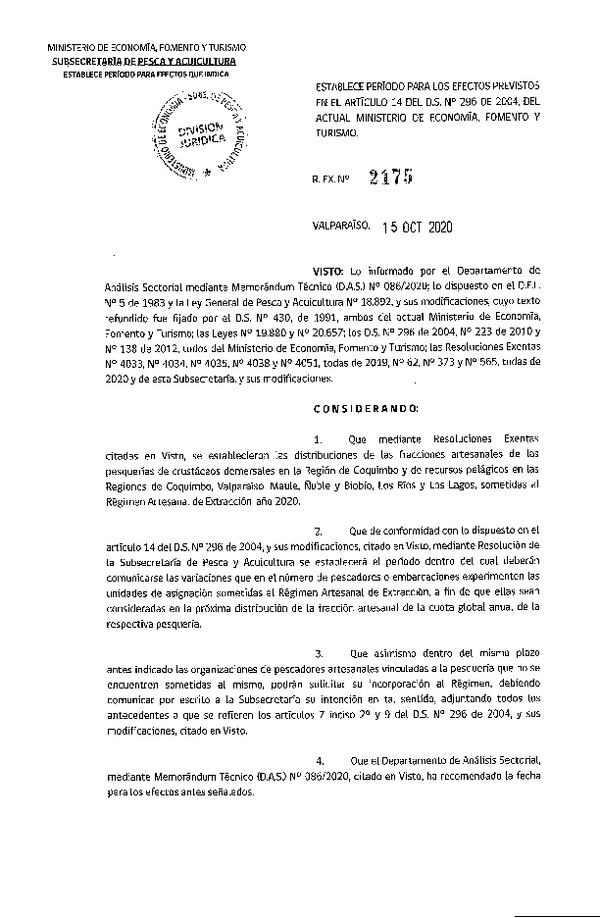 Res. Ex. N° 2175-2020 Establece Período para los Efectos Previstos en el Artículo 14 del D.S. N° 296 de 2004. (Publicado en Página Web 15-10-2020)