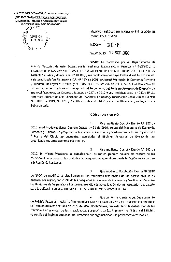 Res. Ex. N° 2176-2020 Rectifica Res. Ex. N° 373-2020, Distribución de la fracción artesanal de pesquerías de Anchoveta y Sardina común en las regiones del Ñuble y del Biobío, año 2020. (Publicado en Página Web 15-10-2020)