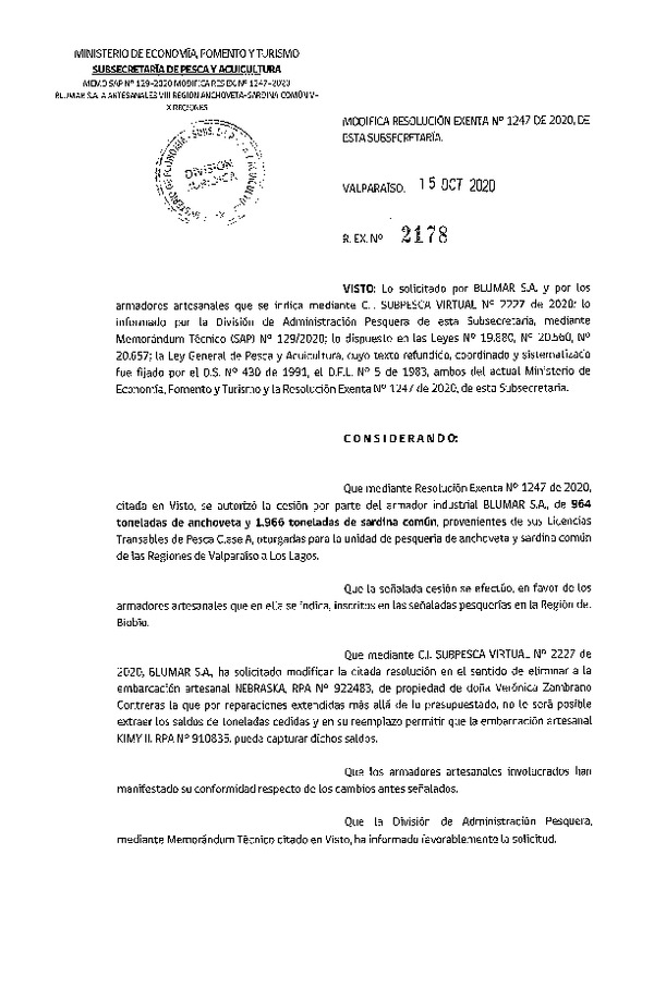 Res. Ex. N° 2178-2020 Modifica Res. Ex. N° 1247-2020 Autoriza Cesión anchoveta y sardina común Regiones Valparaíso-Los Lagos (Publicado en Página Web 15-10-2020).