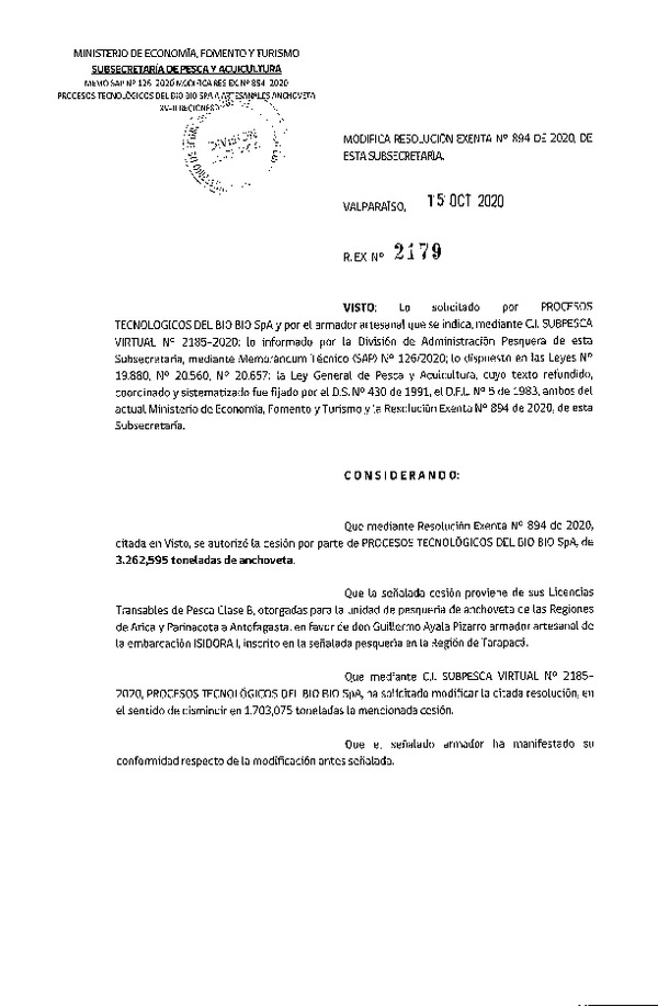 Res. Ex. N° 2179-2020 Modifica Res. Ex. N° 894-2020 Autoriza cesión pesquería Anchoveta, Regiones de Arica y Parinacota a Antofagasta. (Publicado en Página Web 15-10-2020)