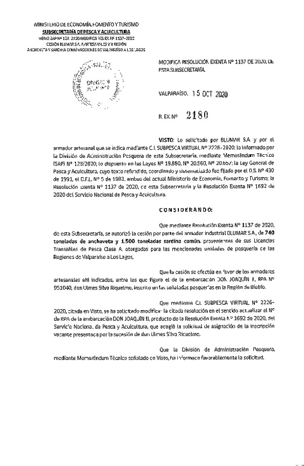 Res. Ex. N° 2180-2020 Modifica Res. Ex N° 1137-2020, Autoriza Cesión anchoveta y sardina común Regiones Valparaíso-Los Lagos (Publicado en Página Web 15-10-2020).