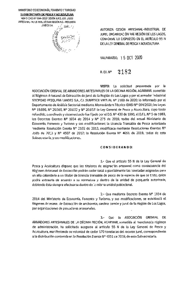 Res Ex N° 2182-2020, Autoriza Cesión de Jurel Región de Los Lagos. (Publicado en Página Web 15-10-2020).
