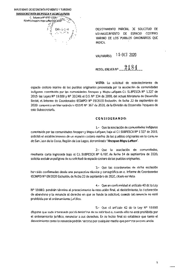 Res. Ex. N° 2184-2020 Desistimiento parcial de solicitud de ECMPO que indica. (Publicado en Página Web 15-10-2020)