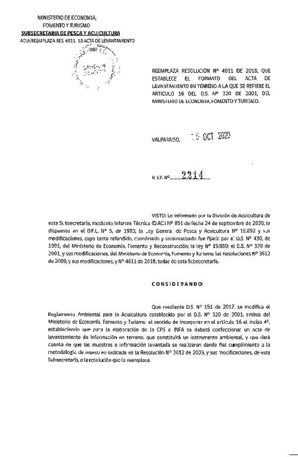 Res. Ex. N° 2214-2020 Reemplaza Res. Ex. N° 4611-2018 Establece el Formato del Acta de Levantamiento en Terreno Artículo 16 del D.S. N° 320-2001. (Publicado en Página Web 16-10-2020)