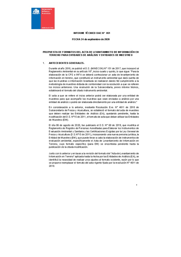 INFORME TÉCNICO DAC N° 851-2020 PROPUESTA DE FORMATOS DEL ACTA DE LEVANTAMINETO DE INFORMACIÓN EN TERRENO PARA ENTIDADES DE ANÁLISIS Y ENTIDADES DE MUESTREO.