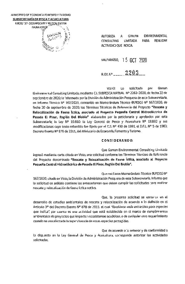 R. EX. Nº 2203-2020 Rescate y relocalizacoón de fauna íctica, Región del Biobío. (Publicado en Página Web 16-10-2020)