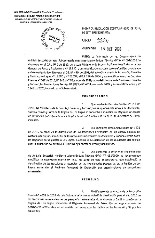 Res. Ex. N 2230-2020 Modifica Res. Ex. N° 4051-2019 Distribución de la Fracción Artesanal de Pesquería de Anchoveta, Sardina Común y Jurel, Región de Los Lagos, Año 2020. (Publicado en Página Web 16-10-2020)