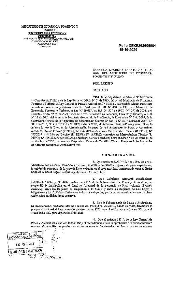 Dec. Ex. Folio 202000084 Modifica Dec. Ex. N° 65-2020 Establece Cuotas Anuales de Captura para los Recursos Raya Volantín y Raya Espinosa Año 2020, Entre la Región de Coquimbo y de Magallanes. (Publicado en Página Web 16-10-2020)