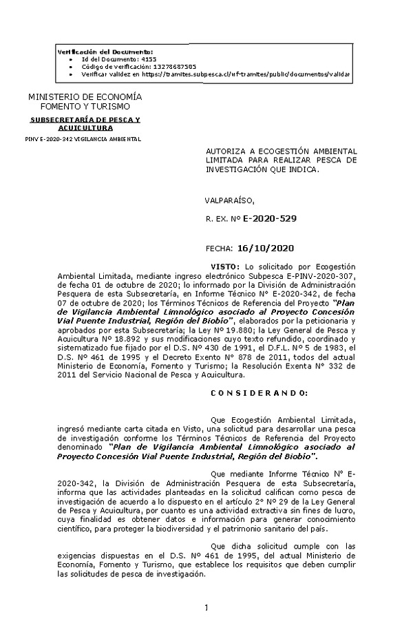 R. EX. Nº E-2020-529 Plan de Vigilancia Ambiental Limnológico asociado al Proyecto Concesión Vial Puente Industrial, Región del Biobío. (Publicado en Página Web 19-10-2020)