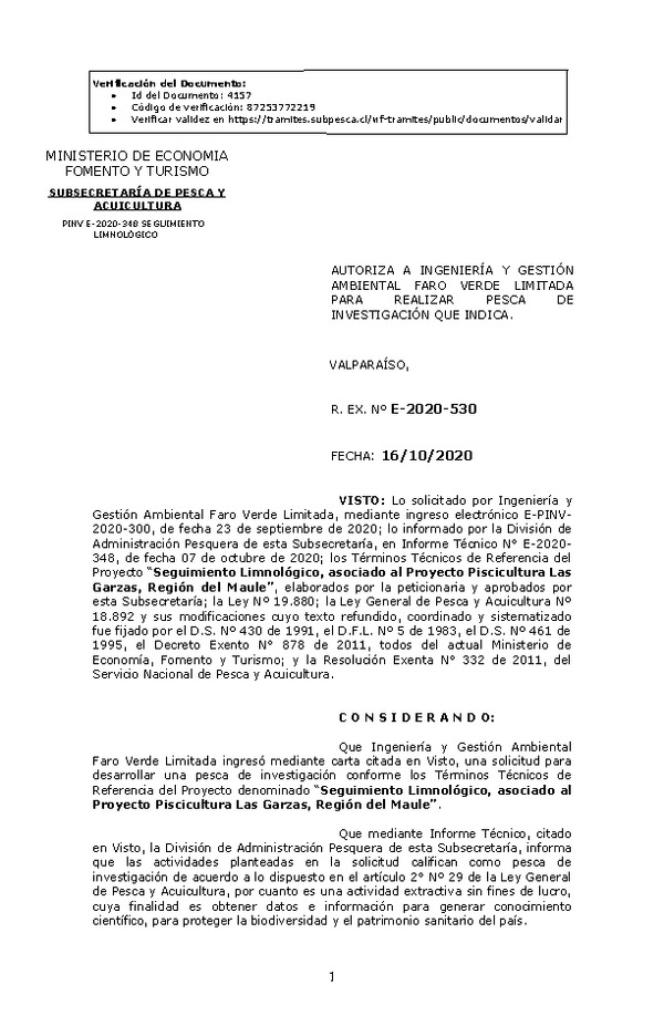 R. EX. Nº E-2020-530 Seguimiento Limnológico, asociado al Proyecto Piscicultura Las Garzas, Región del Maule