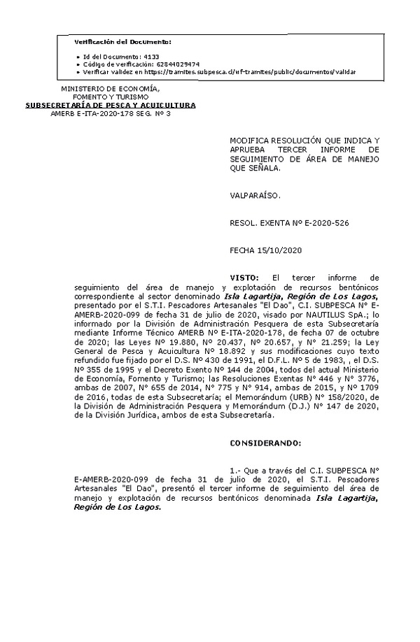 RESOL. EXENTA Nº E-2020-526 Modifica Resolución que Indica. Aprueba  3° Seguimiento. (Publicado en Página Web 19-10-2020)