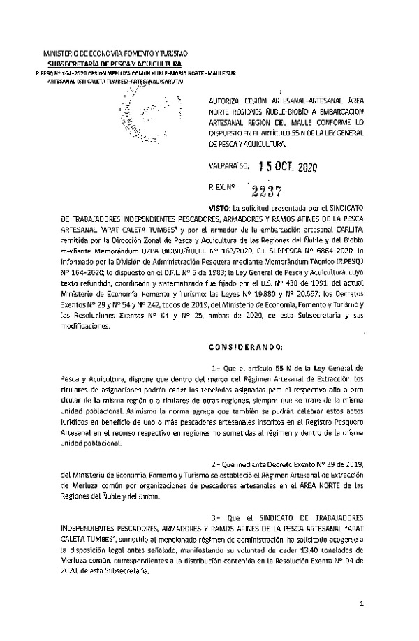 Res. Ex. N° 2237-2020 Autoriza cesión Merluza común Regiones Ñuble - Biobío a Región del Maule. (Publicado en Página Web 19-10-2020)