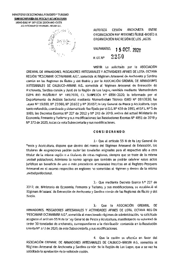 Res. Ex. N° 2250-2020 Autoriza cesión Anchoveta Regiones Ñuble - Biobío a Región de Los Lagos. (Publicado en Página Web 19-10-2020)