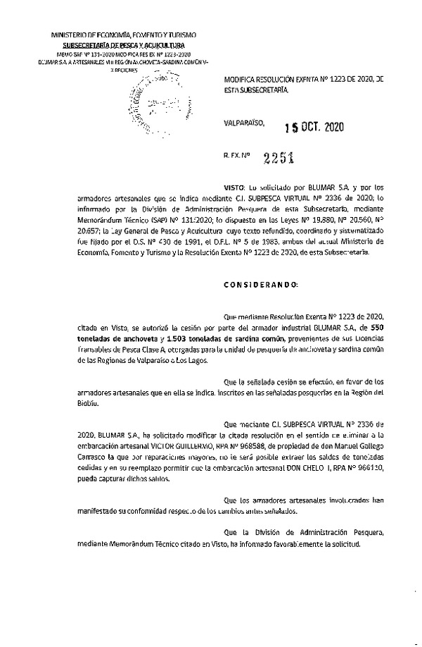 Res. Ex. N° 2251-2020 Modifica 	Res. Ex N° 1223-2020, Autoriza Cesión anchoveta y sardina común Regiones Valparaíso-Los Lagos (Publicado en Página Web 19-10-2020).