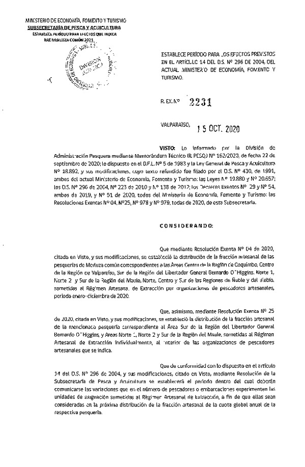 Res. Ex. N° 2231-2020 Establece Período para los Efectos Previstos en el Artículo 14 del D.S. N° 296 de 2004. (Publicado en Página Web 19-10-2020)