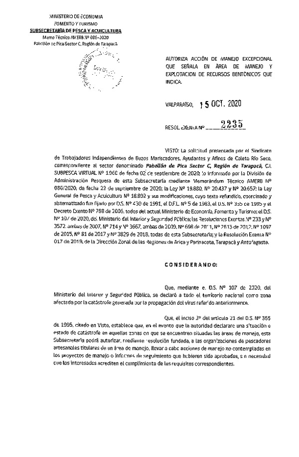 Res. Ex. N° 2235-2020 Autoriza acción de manejo excepcional que Señala. (Publicado en Página Web 19-10-2020)