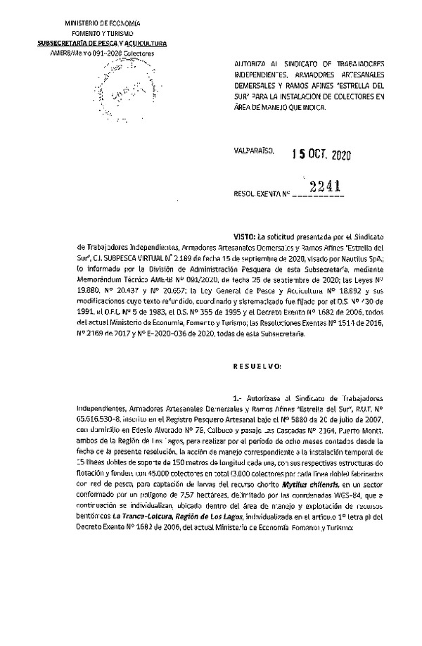 Res. Ex. N° 2241-2020 Autoriza instalación de colectores. (Publicado en Página Web 19-10-2020)