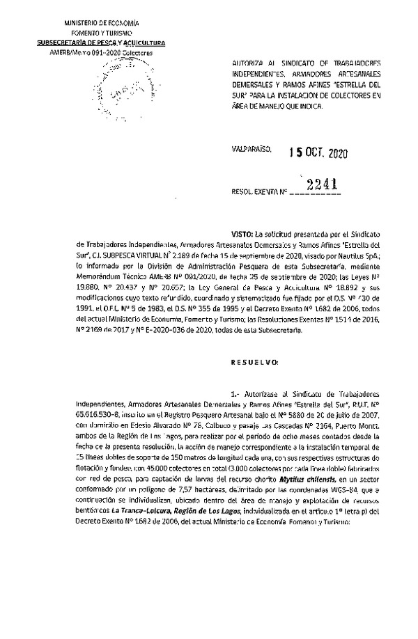 Res. Ex. N° 2241-2020 Autoriza instalación de colectores. (Publicado en Página Web 19-10-2020)