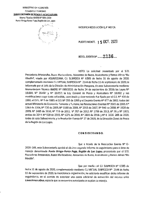 Res. Ex. N° 2236-2020 Modifica RESOL. EXENTA Nº E-2020-288 Modifica Resolución que Indica. Aprueba 12° Seguimiento. (Publicado en Página Web 19-10-2020)