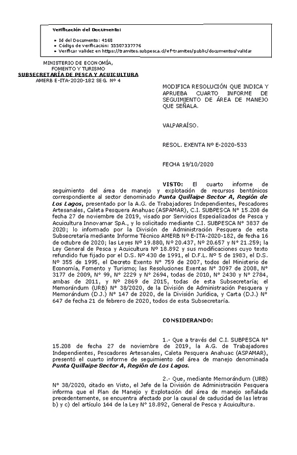 RESOL. EXENTA Nº E-2020-533  Modifica Resolución que Indica. Aprueba 4° Seguimiento. (Publicado en Página Web 21-10-2020)