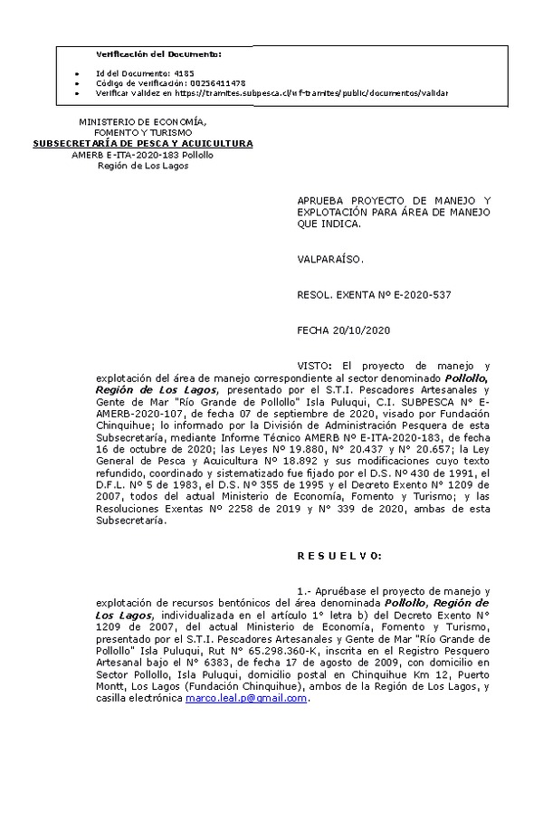 RESOL. EXENTA Nº E-2020-537  Plan de Manejo. (Publicado en Página Web 21-10-2020)