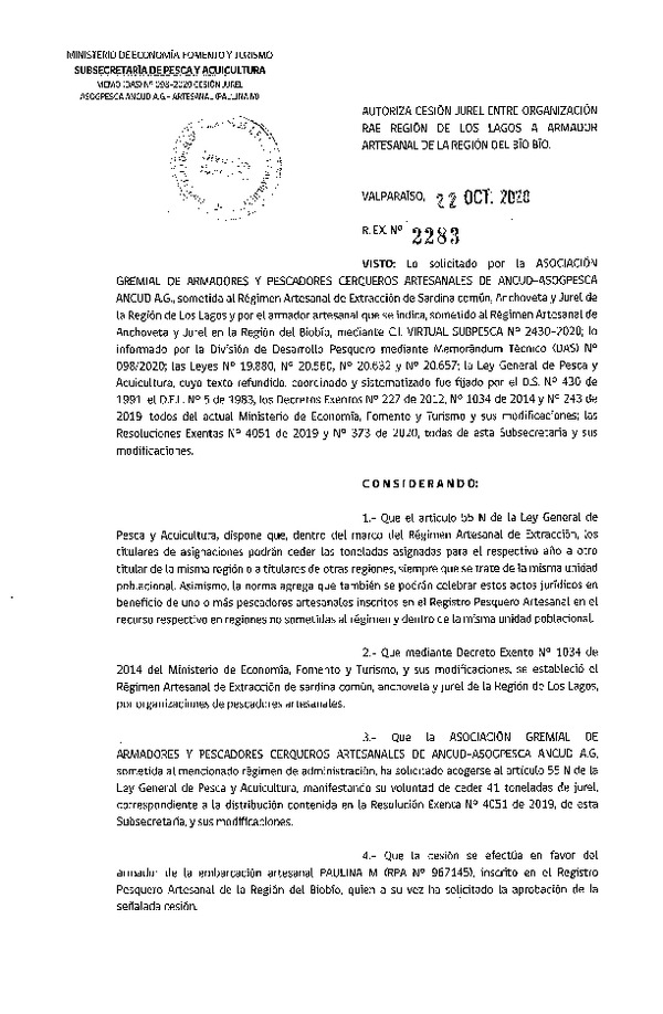 Res. Ex. N° 2283-2020 Autoriza cesión Jurel de Región de Los lagos a Región del Biobío. (Publicado en Página Web 22-10-2020)