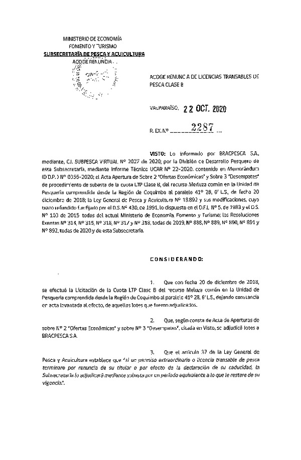 Res. Ex. N° 2287-2020 Acoge Renuncia de Licencias Transables de Pesca Clase B. (Publicado en Página Web 22-10-2020)