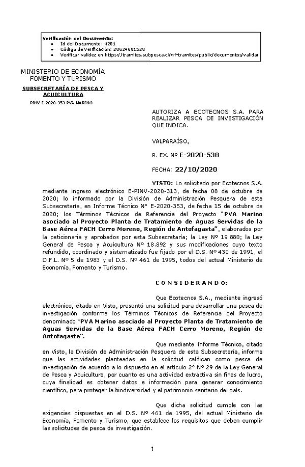 R. EX. Nº E-2020-538 PVA Marino asociado al Proyecto Planta de Tratamiento de Aguas Servidas de la Base Aérea FACH Cerro Moreno, Región de Antofagasta. (Publicado en Página Web 26-10-2020)