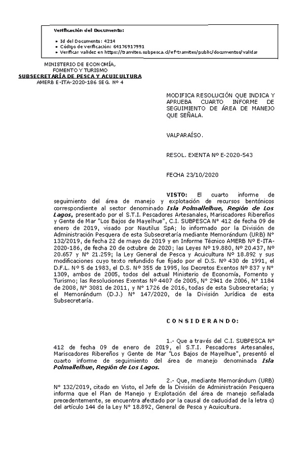 RESOL. EXENTA Nº E-2020-543 Modifica Resolución que Indica. Aprueba 4° Seguimiento. (Publicado en Página Web 26-10-2020)