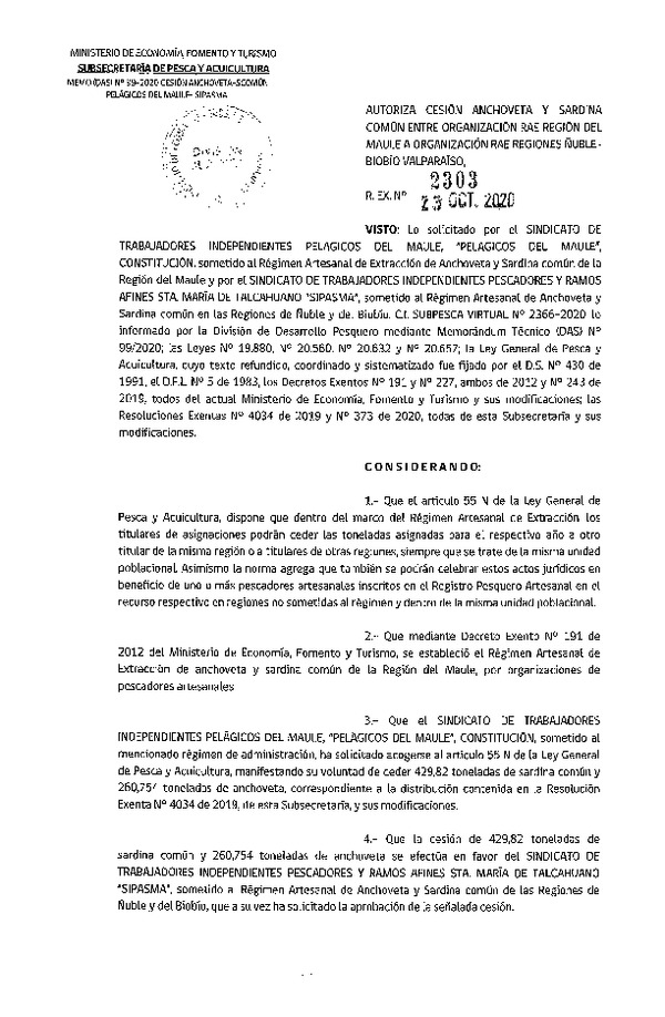 Res. Ex. N° 2303-2020 Autoriza cesión Anchoveta y sardina común Región del Maule a Región del Biobío. (Publicado en Página Web 26-10-2020)