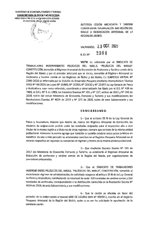 Res. Ex. N° 2304-2020 Autoriza cesión Anchoveta y sardina común Región del Maule a Región del Biobío. (Publicado en Página Web 26-10-2020)