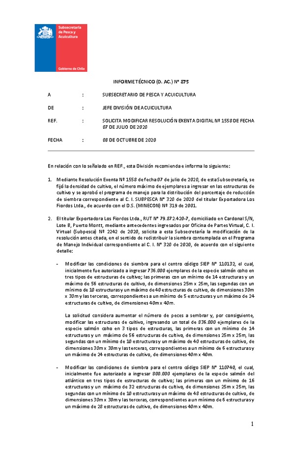 INFORME TÉCNICO (D. AC.) N° 875-2020 SOLICITA MODIFICAR RESOLUCIÓN EXENTA DIGITAL Nº 1558 DE FECHA 07 DE JULIO DE 2020.