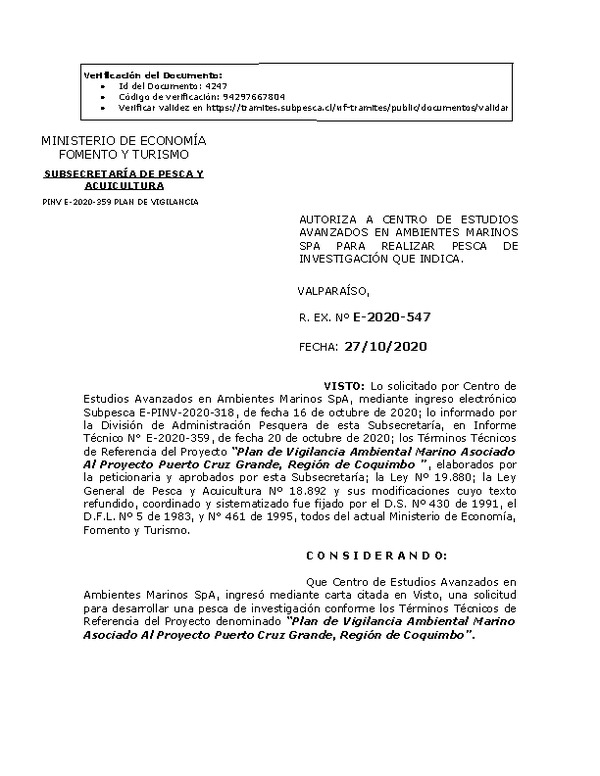 R. EX. Nº E-2020-547 Plan de Vigilancia Ambiental Marino Asociado Al Proyecto Puerto Cruz Grande, Región de Coquimbo. (Publicado en Página Web 28-10-2020)