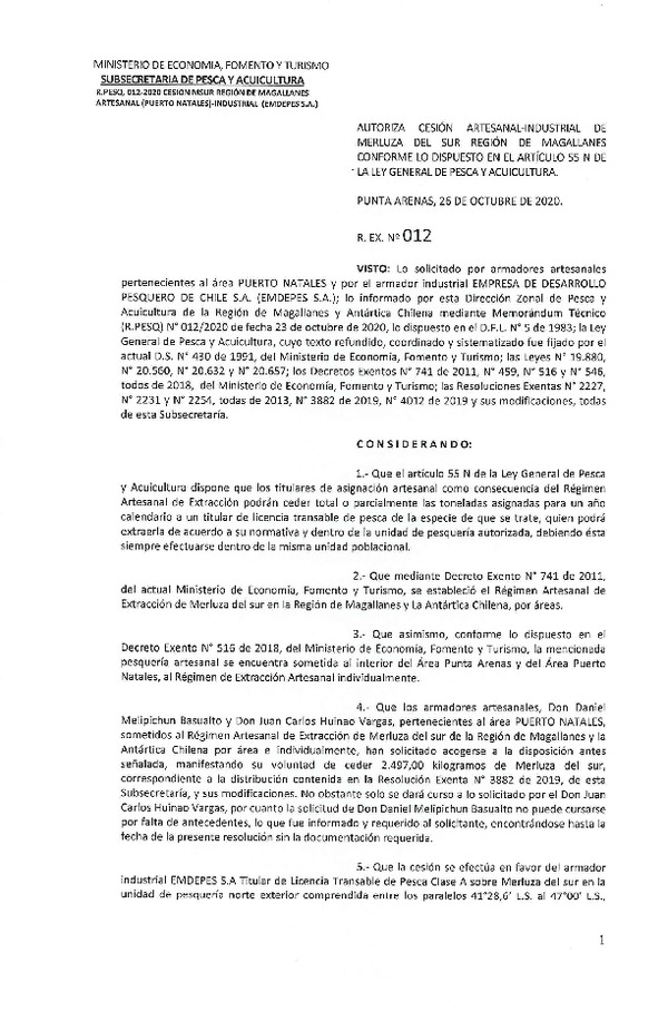 Res. Ex. N° 012-2020 (DZP Región de Magallanes) Autoriza cesión Merluza del sur. (Publicado en Página Web 28-10-2020)