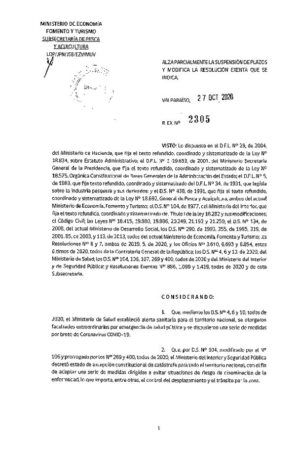 Res. Ex. N° 2305-2020 Alza Parcialmente la Suspensión de Plazos y Modifica Resolución Exenta que se Indica. (Publicado en Página Web 28-10-2020)