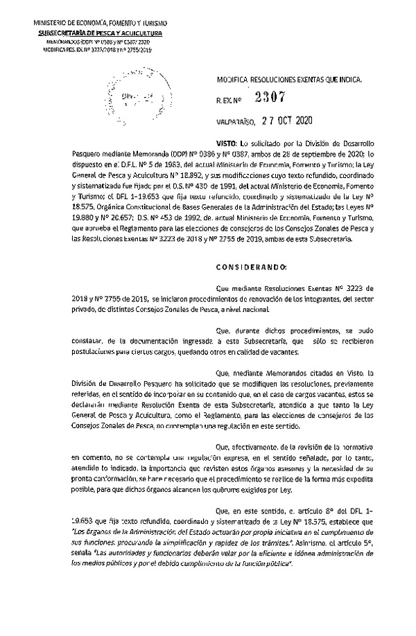 Res. Ex. N° 2307-2020 Modifica Res. Ex. N° 3223 de 2018 y N° 2755 de 2019 Inicia Proceso de Nominación de los Miembros Titulares y Suplentes en los Consejos Zonales de Pesca y Cargos que se Indican. (Publicado en Página Web 28-10-2020)