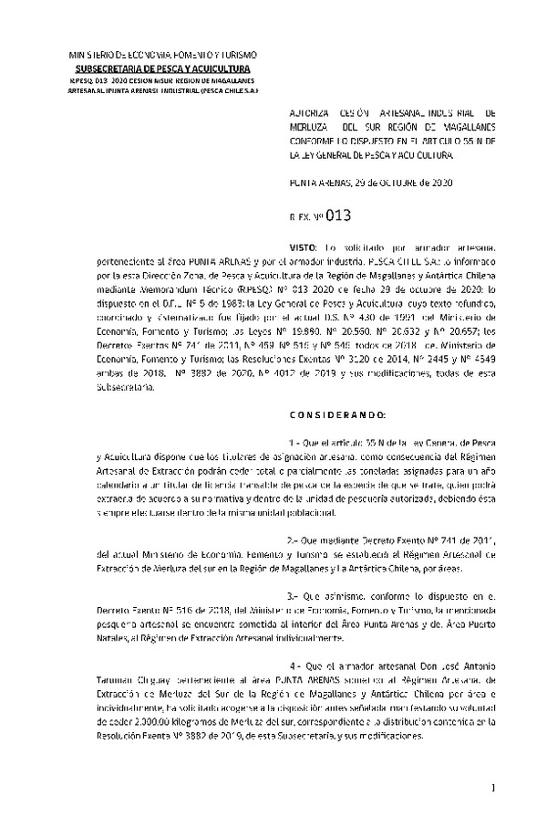 Res. Ex. N° 013-2020 (DZP Región de Magallanes) Autoriza cesión Merluza del sur. (Publicado en Página Web 02-11-2020)