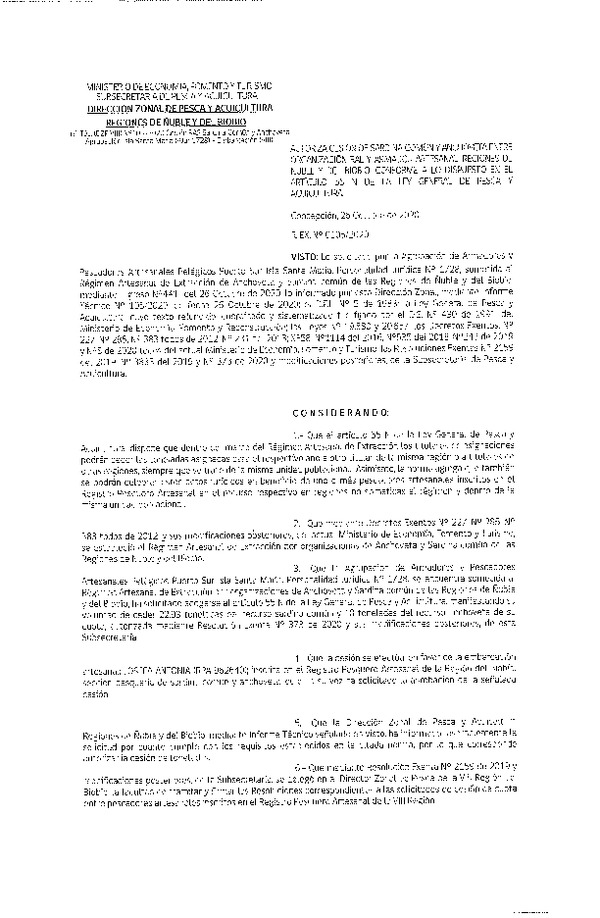 Res. Ex. N° 0105-2020 (DZP Ñuble y del Biobío) Autoriza cesión Sardina Común y Anchoveta Región de Ñuble-Biobío (Publicado en Página Web 02-11-2020)