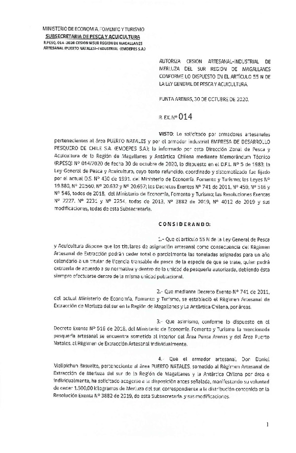 Res. Ex. N° 014-2020 (DZP Región de Magallanes) Autoriza cesión Merluza del sur. (Publicado en Página Web 02-11-2020)