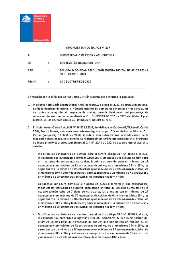 INFORME TÉCNICO (D. AC.) N° 877 SOLICITA MODIFICAR RESOLUCIÓN EXENTA DIGITAL Nº 03 DE FECHA 10 DE JULIO DE 2020.