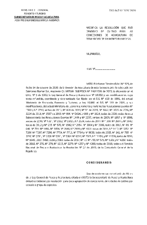 Res. Ex. DIG N° 047-2020 Modifica Res. Ex. DIG N° 009-2020, Fija densidad de cultivo para las concesiones de acuicultura de titularidad de Brumar S.A. (Publicado en Página Web 04-11-2020).