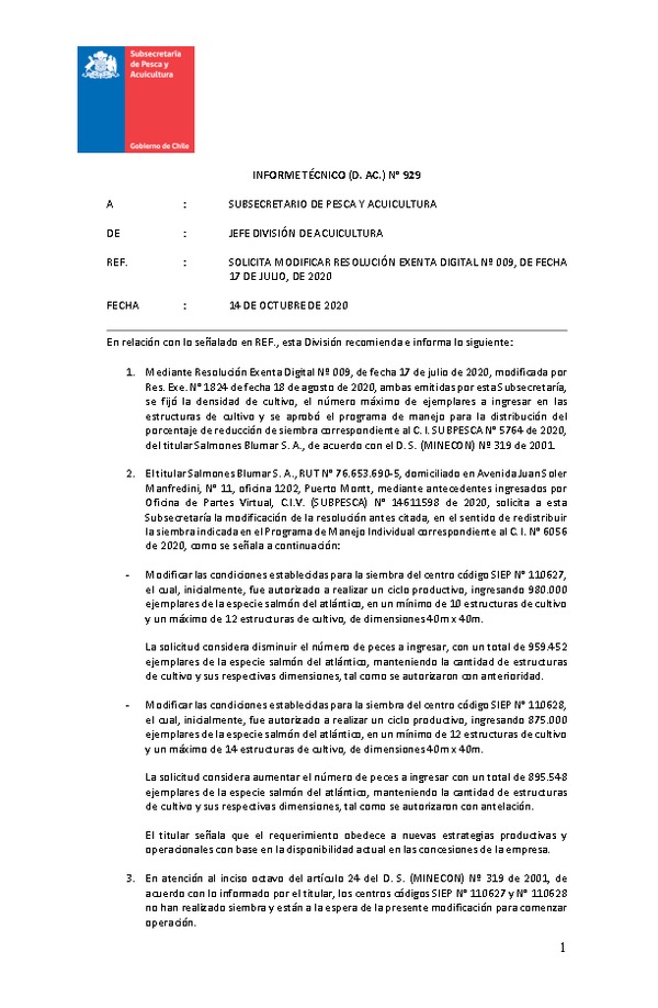 INFORME TÉCNICO (D. AC.) N° 929 SOLICITA MODIFICAR RESOLUCIÓN EXENTA DIGITAL Nº 009, DE FECHA 17 DE JULIO, DE 2020.